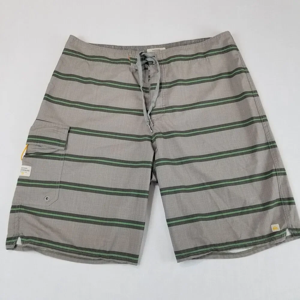 Quiksilver Swim Trunks Mens 34 Gray Striped Waterman Collection Board Shorts